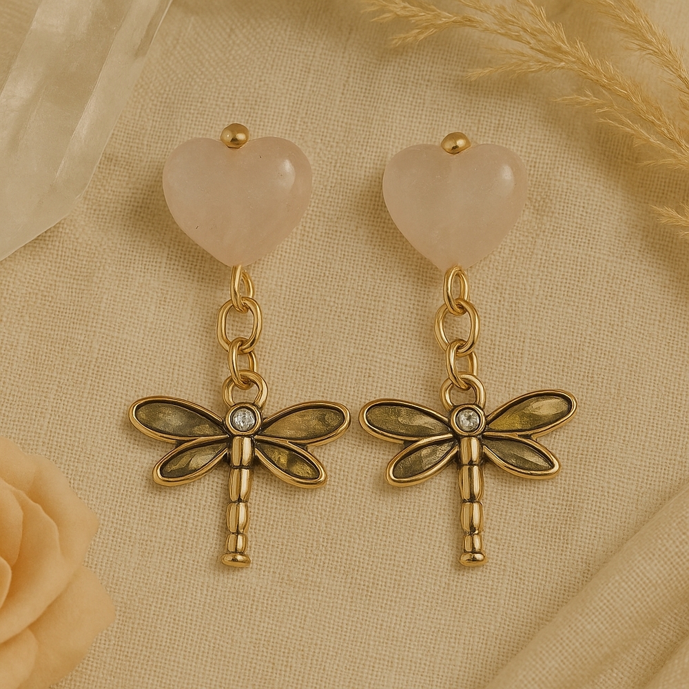 Rose Quartz Heart Earrings with Abalone Dragonflies | Gold Tone | Valentine Gift